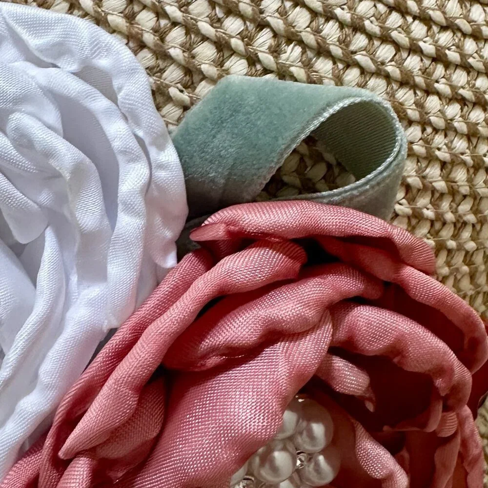 Elegant Women's Tweed Sun Hat With Satin Flowers And Pearls Wedding Tea Party